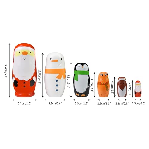GRPSKCOS Russische Nistpuppen Weihnachtsmann- Matrjoschka Weihnachtspuppen 6 Stück Russischer Schneemann Handgefertigtes Holzspielzeug Geburtstagswunsch Geschenk für Kinder Kleinkind Kinder