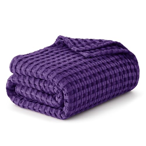 Bedsure Cooling Cotton Waffle King Size Blanket - Lightweight Breathable Blanket of Rayon Derived from Bamboo for Hot Sleepers, Luxury Throws for Bed, Couch and Sofa, Purple, 104x90 Inches