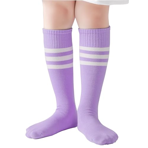 hakugoo Kids Knee High Soccer Socks-Toddler Boys or Girls Stripe Team Tube Socks for Sports Uniform Costume 6-10 Years Old (Purple White 1 Pack L)