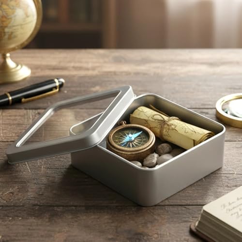 Image of 1Pc Metal Storage Tin Box with Transparent Window Lid | Square /Round Multipurpose Container for Cookies, Tea, Spices & Gift Packing | Medium Size | FREE Mobile Stand