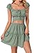 Vrtige Women's 2 Piece Outfits Floral Cap Sleeve Square Neck Shirred Crop Top and Mini Skirt Set Floral Green Large