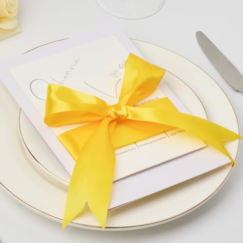 Image of Mauproy 1-1 /2 Inch Wide Yellow Satin Ribbon, 50 Yards Solid Polyester Fabric Ribbon for Roses Making, Gift Wrapping, Flower Bouquets, Wedding Decorations, Handmade Crafts