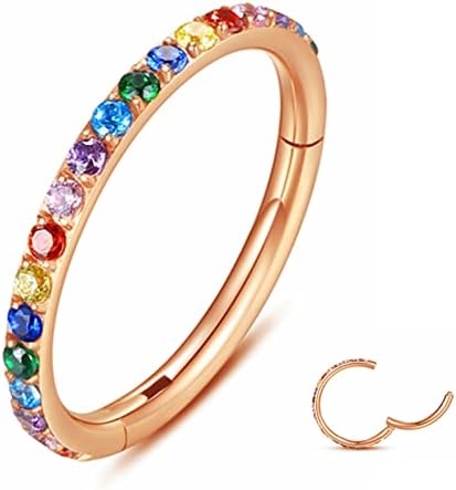 Yrogcu 316L Surgical-Steel Hinged Nose Rings Hoop : 20G(0.8mm) Mens Body Pierecing Ring with Colorful Zircon Septum Clicker Helix Cartilage Hoop Body Piercing Jewelry 8mm Diameter Rose Gold Color