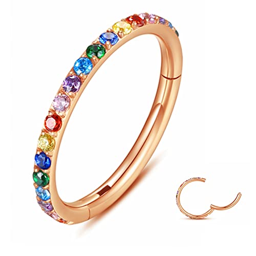 Yrogcu 316L Surgical-Steel Hinged Nose Rings Hoop : 20G(0.8Mm) Mens Body Pierecing Ring With Colorful Zircon Septum Clicker Helix Cartilage Hoop Body Piercing Jewelry 8Mm Diameter Rose Gold Color #TOP3