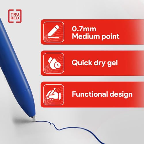 Image of Staples TRU RED Retractable Gel Pens, Medium Point 0.7mm, Blue Ink, 12 Pack - Quick-Dry Pens for Smooth, Smear-Free Writing