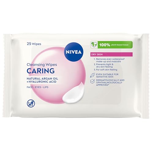 NIVEA Caring 3-in-1 Cleansing Face Wipes for Dry Skin (25 Sheets) Nourishing Face Cleanser and Makeup Wipes for Gentle Yet Effective Makeup Removal packaging may vary