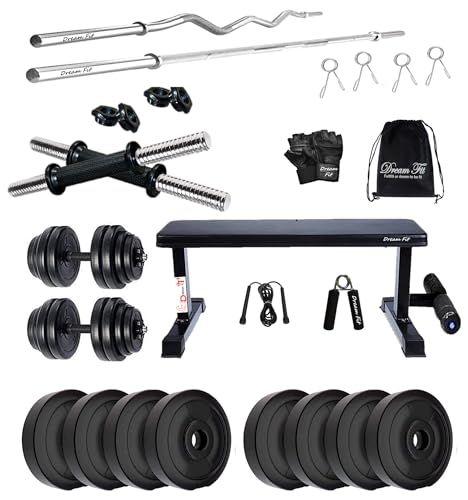 Image of DREAM FIT PVC Home Gym Set - 24 kg with 1 Flat Bench with Foot Extension, 3 ft Curling Rod, 5 ft Straight Rod, 1 Pair Dumbbell rods and Gym Accessories (24kg)
