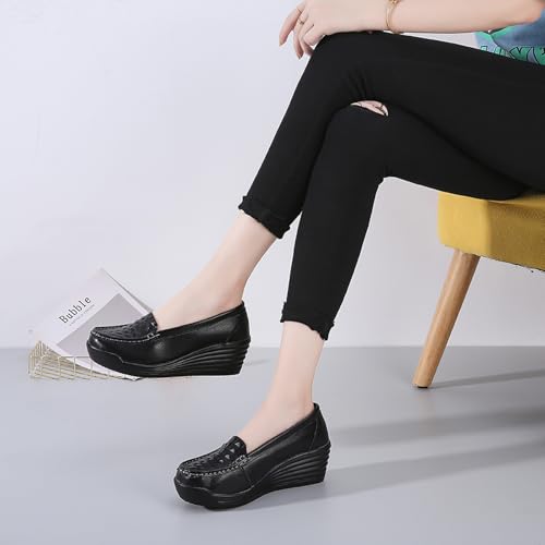 Image of Women's Leather Breathable Wedge Heel Nurse Loafers Comfortable Round Toe Platform Non-Slip Hollow Breathable Slip-On Work Shoes Mother Shoes