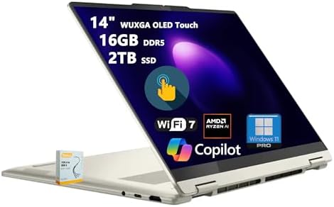 Lenovo Yoga 7 2-in-1 Copilot+ AI PC Laptop | 14" WUXGA OLED Touch (100% DCI-P3) | AMD Ryzen AI 5 340 (Up to 50 Tops) | 16GB DDR5 2TB SSD | for Creator Business Professional Win11Pro w/DLCA Accessory