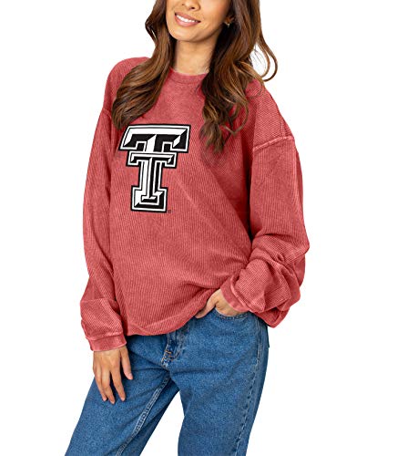 chicka-d NCAA Texas Tech Red Raiders Womens Corded Crew Pullover, Red, Large