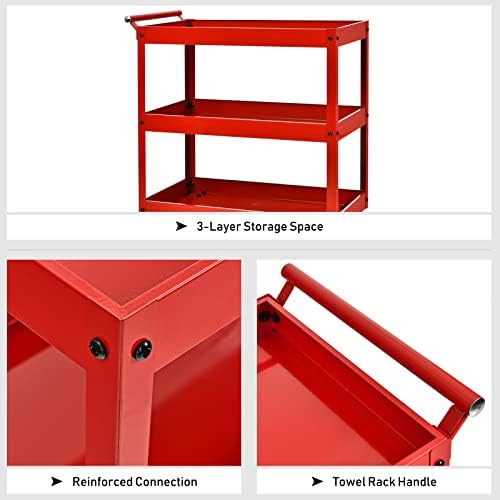 COSTWAY 3 Tiers Tool Trolley, Heavy Duty Service Cart with Lockable Wheels, Rolling Workshop DIY Storage Trolley for Garage Restaurant Kitchen (Red)