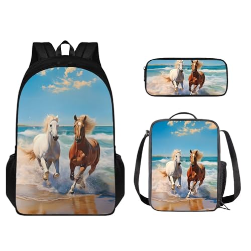 Set zaino per bambini con portapranzo e portapenne borsa per studenti per scuola elementare o asilo Cavallo - Blu e Bianco Taglia unica Set di zaini per la