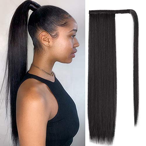 Stamped Glorious Wrap Around Straight Ponytail Extension Clip in Long Straight Hair Ponytail for Women Magic Paste Hairpiece(1B)