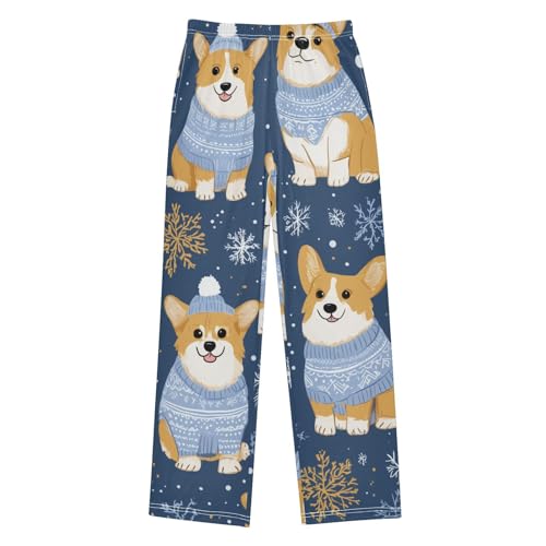 Corgi Dog with Sweater Boys Long Pants Soft Trousers Elastic Waist Kids Lounge Bottoms with Pockets S-XL