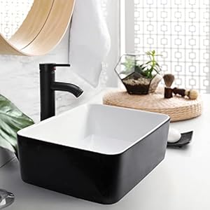 Rectangular bathroom sink 16 x 12 above counter porcelain ceramic vessel sink with faucet and pop up drain combo white and black  urban country home decor