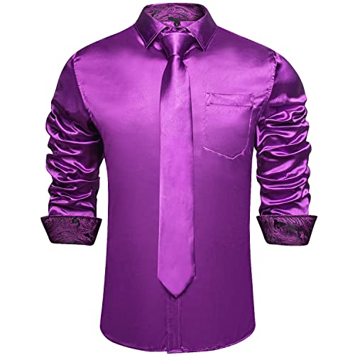 DiBanGu Purple Satin Long Sleeve Dress Shirt for Men with Tie and Pocket Square Set Solid Color Button Down Shirts Small