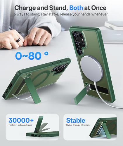 Image of Vihibii PC,Silicone For Samsung Galaxy S25 Ultra Magnetic Back Cover With Kickstand,[Compatible With Magsafe],Rugged Shockproof Protective Back,Translucent Matte Slim Phone Case For 6.9 inch,Green
