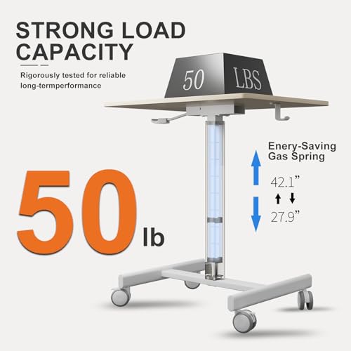 Image of Mobile Desk on Wheels, Pneumatic Height Adjustable, Maple+White | 18.9 x 25.6 in Desktop, 26.1-40.1 in Height, Pneumatic Lift, T-Shaped Single Column Base, Lockable Casters, 22 lb Capacity