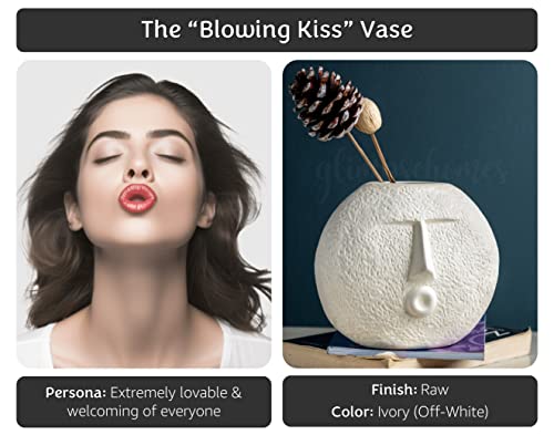 Image of Glimpse Homes Ceramic Flower Vase | Set of 2 | Upbeat Face Vase 5.5 inches & Blowing Kiss Face Vase 6 inches (White, Raw Finish)
