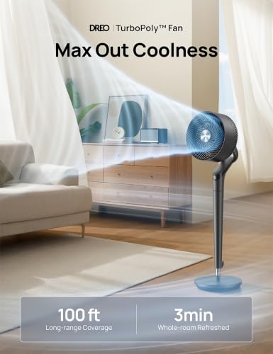Image of DREO Fan for Bedroom, 120+100 Omni-Directional Oscillating Fan, 25ft /s, DC Motor, 20 dB Quiet Standing Pedestal Fans, 9 Speeds, 6 Modes, Remote, 37-42 inch Adjustable Height, Grey, Wi-Fi /Voice Control