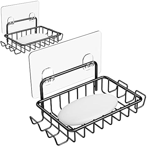 Nieifi Soap Dish Holder with 4 Hooks Stainless Steel Black Adhesive for Shower, Bathroom 2 Pack Cover
