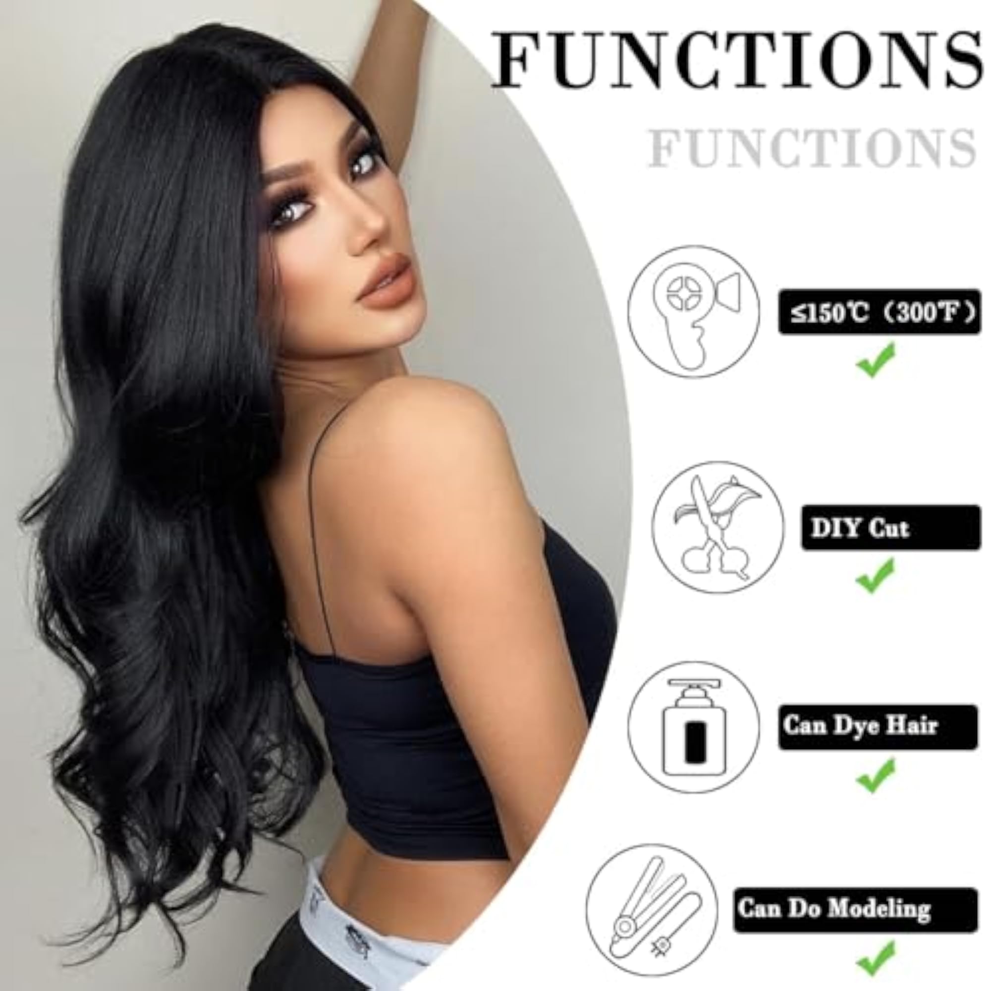 Wavy Black Wig for Women, Daily Party Use, 24cm