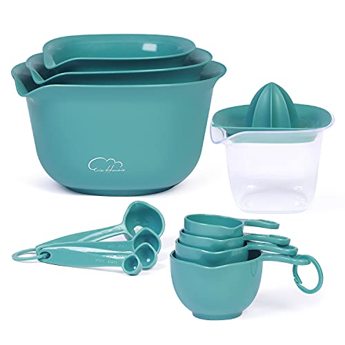 Plastic Mixing Bowls Set - 12Pcs Nesting Bowls with Pour Spout and Non Slip Bottom for Kitchen Cooking Prepping Serving, Includes 2 Mixing Bowl 1 Colander 1 Citrus Reamer 8 Measuring Cups Spoons(Blue)