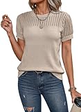 Dokotoo Womens Summer Tops 2026 Ladies Fashion Spring Crew Neck Short Sleeve Knit Hollow Out Pullover Sweaters Shirts Casual Solid Loose Fit Business Tee Shirts Blouses Cute Womens Clothes M Khaki