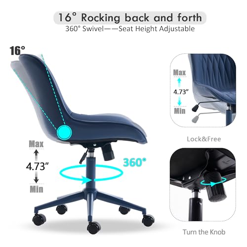 Image of YOUNIKE Faux Leather Office Chair Ergonomic Desk Chair Armless Navy Blue | Ergonomic Upholstered Rocking Back, Swivel with Wheels, Height Adjustable, Modern Task Chair For Computer Sewing Drafting