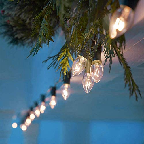 Image of C7 Christmas Lights Outdoor, 25Ft C7 Warm White Christmas Decorations String Lights with 27 Clear Incandescent Bulbs, Vintage Christmas Lights for Roofline House Garden Patio Xmas Tree Party, Green