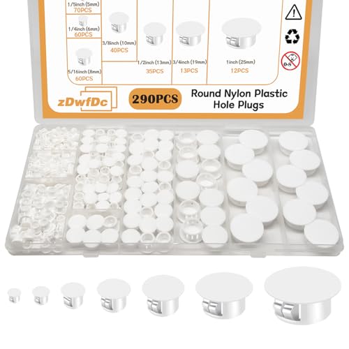 Image of 290PCS 7 Sizes Plastic Plugs for Round Holes - Nylon White Cover Snap Locking, 1 inch 3 /4 inch 1 /2 inch 3 /8 inch 5 /16 inch 1 /4 inch 1 /5 inch - Used for Plastic Furniture, Cabinet DD015-w