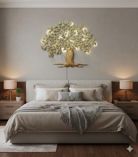 Image of Bharat Art Metal IRON Big Tree Wall Art with LED Light for Living Room - Handcrafted Iron Tree Wall Hanging Home Decoration for Bedroom, Hall, Office & Entrance (Urban Tree) (WD043) size (44 * 3 * 37) inches