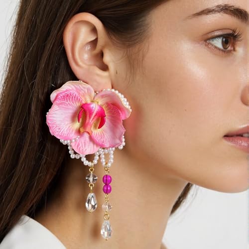 Large Orchid Earrings for Women,Pink Big Flower Floral Earrings Pearl Butterfly Earring Hibiscus Dangle Drop Earring Orchid Party Beach Jewelry Gifts3