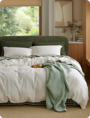 Image of Bedsure PureWoven 100% Washed Cotton Duvet Cover Set, Full Size, 3-PC | Linen Like Texture, Percale Breathable Bedding Set for All Seasons, Zipper Closure, 8 Corner Ties, Ivory, 80 inch x 90 inch