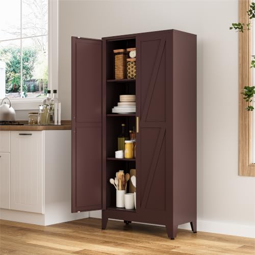 Image of COFaR 61 inch Metal Storage Cabinet with Doors and Adjustable Shelves, Tall Pantry Cabinet Freestanding Kitchen Pantry Storage Cabinet, Steel Cupboard for Bathroom, Living Room & Office, Reddish Brown