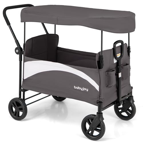 Image of BABY JOY Collapsible Wagon Stroller for 2 Kids & Cargo, Push Pull Double Stroller w/Adjustable Handle Bar, Removable Canopy, Safety Harness, All Terrain Wheels, Foot Brake, Storage Pockets (Gray)