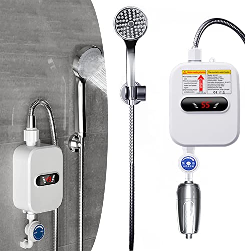 Calentador de agua instantáneo eléctrico 3500 W, mini calentador de agua termostático con pantalla LCD y alcachofa de ducha, calentamiento rápido para cocina y baño