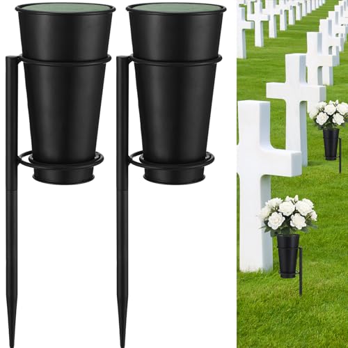 Otoolling 2 Sets Metal Cemetery Flower Vase with Stake for Grave, Flower Holder in Base Graveyard Vase with Floral Foam for Grave Decoration, Black
