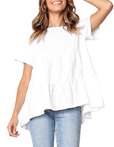 Defal Women's Summer Loose Ruffle Hem Short Sleeve T Shirt High Low Peplum Blouse Tee (XX-Large, White)