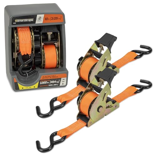 Image of SMARTSTRAPS 10' Retractable Ratchet Straps, 2 Pack - 3,000lb Break Strength, 1,000lb Safe Work Load - Haul Motorcycles, Boats, and Appliances with Patented Technology Heavy Duty Ratchet Straps