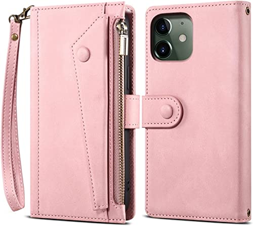 Étui en cuir pour iPhone 13 Pro rose avec clapet de protection antichoc