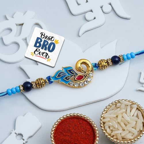 Image of eCraftIndia Beautiful Peacock Rakhi for Brother Bhaiya Bhai with Best Bro Ever Fridge Magnet | Roli Chawal Pack