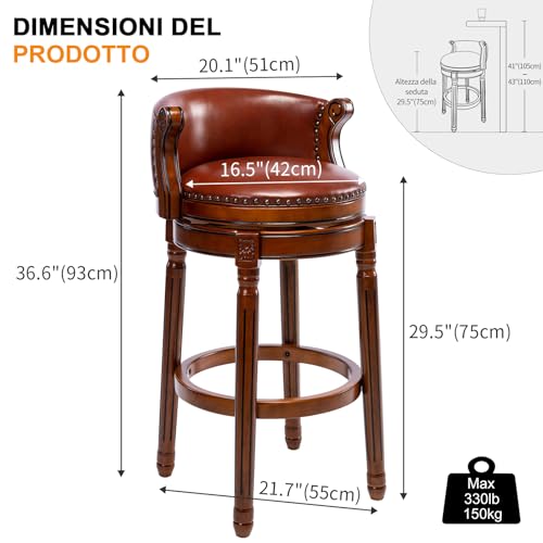 Image of Cow top Leather Wooden Bar Stools, 29.5 inch Bar Height Bar Chair with Back, 180 Degrees Swivel Barstools Chair for Home Kitchen Counter,Dining Room (Brown 1pc, Bar Height-Seat Height 29.5 inch)
