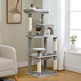 PAWZ Road Kratzbaum für große Katzen stabil, 143 cm Katzenturm mit großer Liegefläche, Plüsch Hängematte, 2 türigem Katzenhaus, 6 Ebenen, Sisal Kratzpfosten, Grau