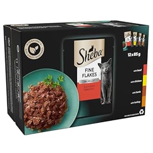 Sheba Fine Flakes Wet Cat Food Pouches – MultiPack Succulent Collection with Beef, Chicken, Lamb and Turkey in Jelly, Pack of 4 (4 x 12 Pouches x 85 g)