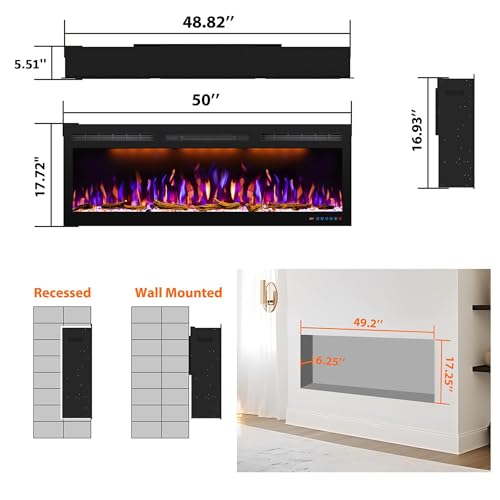 Image of 50-Inch Electric Fireplace, Recessed or Wall-Mounted Linear Heater, Ultra-Slim Frame, 1500W, 3 Flame Colors and 3 Top Lights, Log and Crystal Media, Remote, 1-9H Timer