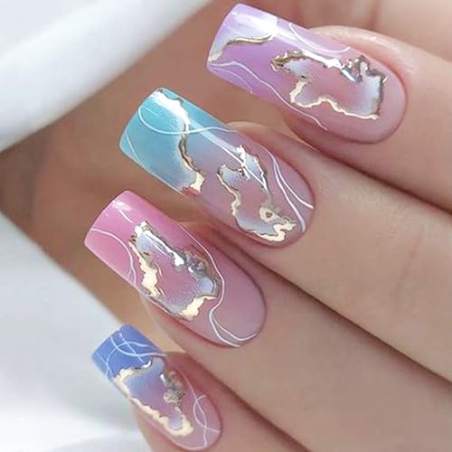 ANDGING Marble Press on Nails Square Short Medium Pink Fake