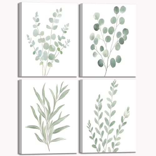 4Pcs Eucalyptus Botanical Canvas Wall Art Sage Green Bathroom Pictures