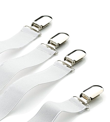Adjustable Bed Sheet Corner Holders Elastic Grippers Suspenders Holder Straps Clips Fasteners, Mattress Cover Fasteners | Nickel Plated Clamps with Fabric Protector / White, 1-Pack (4 pcs)