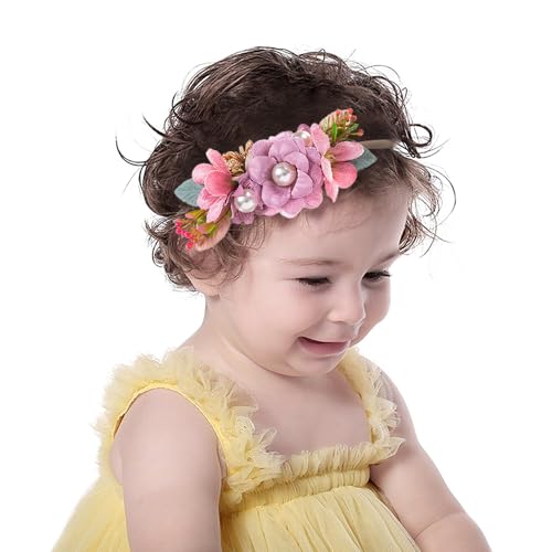 Baby Girls Fabric Flower Headbands Handmade Rose Floral Stretchy Nylon Hair Band Party Flower Photo Props Hair Acceaaory for Newborn Toddler Infant (Style 4- pink, stretchy)2